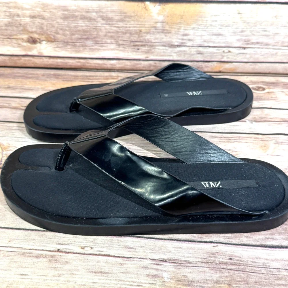 Zara Womens Black Minimalist Satin Insole Slip On Thong Slides Sandals 39/8.5 - Picture 4 of 6